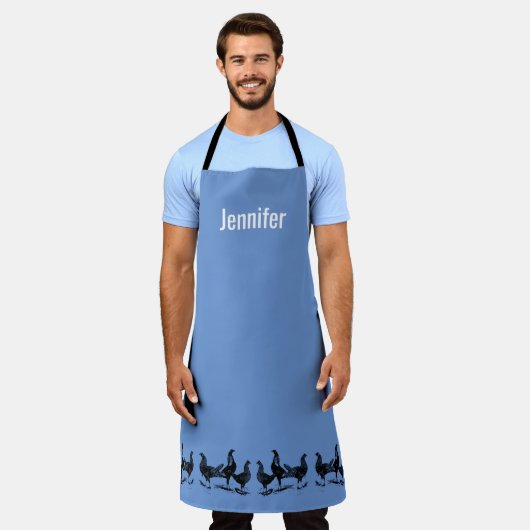 Tablier Poulets rustiques à la mode sur monogramme bleu (Porté)
