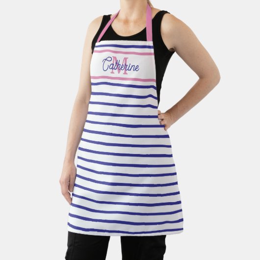 Tablier Preppy Pink and Navy Blue Stripe Simple Monogram (Insitu)