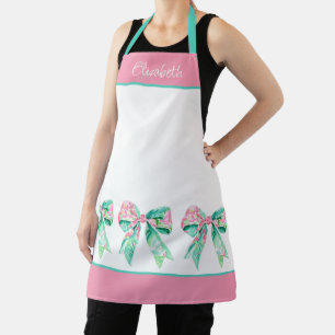 Tablier Préppy rose et turquoise florale vaches personnali