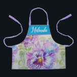 Tablier Pretty Floral Pastel Pansy Purple Cute Girls Apron<br><div class="desc">Pretty Floral Pastel Purple Blue Pansy Watercolor Painting Pattern Girl's Kitchen Apron,  with a fully customizable name. Designed from my original cat illustration.</div>