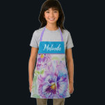 Tablier Pretty Floral Pastel Pansy Purple Cute Girls Apron<br><div class="desc">Pretty Floral Pastel Purple Blue Pansy Watercolor Painting Pattern Girl's Kitchen Apron,  with a fully customizable name. Designed from my original cat illustration.</div>