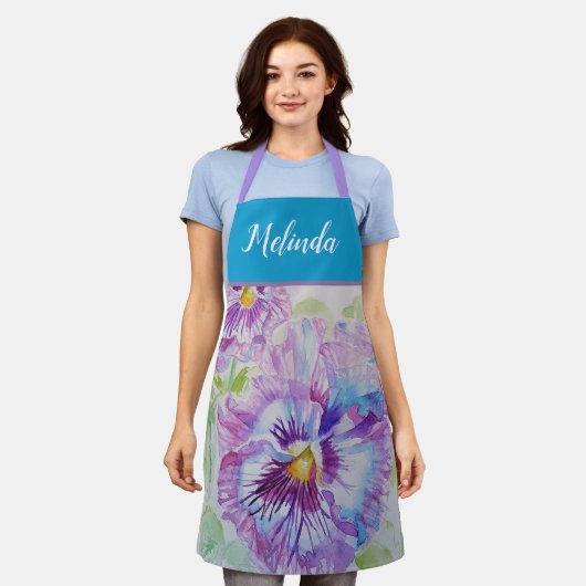 Tablier Pretty Floral Pastel Pansy Purple Womans Apron (Porté)