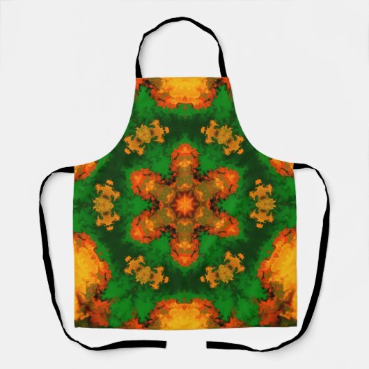 Tablier Psychédélique Mandala Flower vert orange et jaune (Recto)