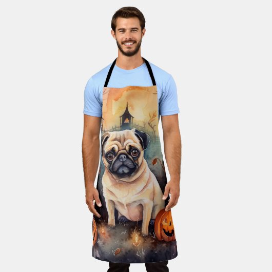 Tablier Pug d'Halloween avec citrouilles effrayant (Porté)