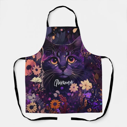 Tablier Purple et noir "Chat Floral" (Recto)