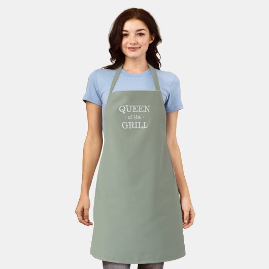 Tablier Queen of the Grill sage vert solide texte personna (Porté)