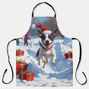 Tablier Rat Terrier courant dans la neige avec un chapeau