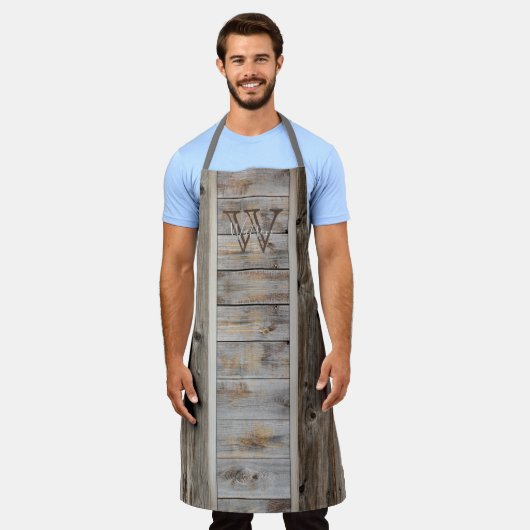 Tablier Rayure de monogramme grise ton bois rustique verti (Porté)