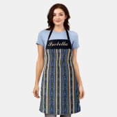 Tablier Rayures en damas bleu et or (Porté)