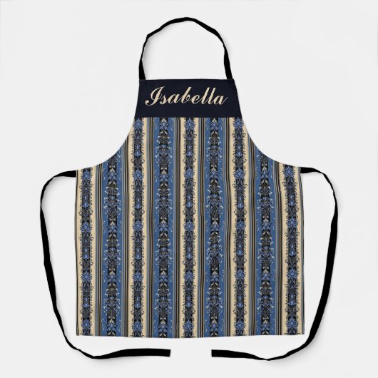 Tablier Rayures en damas bleu et or (Recto)