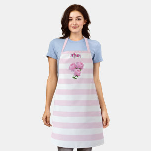 Tablier Rayures Rose Pastel avec Roses Roses "Maman"