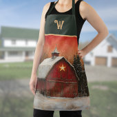Tablier Red Barn w Star n Winter Trees Farmhouse Monogram