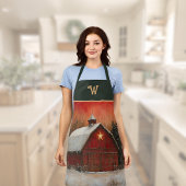 Tablier Red Barn w Star n Winter Trees Farmhouse Monogram