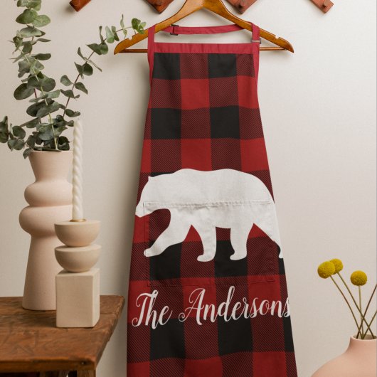 Tablier Red Buffalo Plaid & Bear | Personal Name Gift