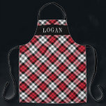 Tablier Red et Black Watch Plaid Fêtes personnalisées<br><div class="desc">Le tablier de vacances Festive saisonnier dispose d'une montre classique rouge, noire et blanche écossaise écossaise en plaid motif avec texte en monogramme serif blanc qui peut être personnalisée avec un nom. Que vous soyez en cuisine de dîner de Noël, en train de cuisiner des biscuits de vacances ou de...</div>