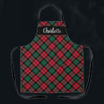 Tablier Red Green Black Watch Plaid Fête personnalisée<br><div class="desc">Le tablier de vacances Festive saisonnier dispose d'un classique rouge, vert chasseur et noir montre écossais écossais écossais plaid motif avec un texte en monogramme moderne blanc qui peut être personnalisé avec un nom. Que vous soyez en cuisine de dîner de Noël, en train de cuisiner des biscuits de vacances...</div>