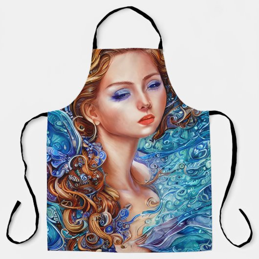 Tablier Red Head Goddess Blue Ocean Waves Imaginaire Art (Recto)