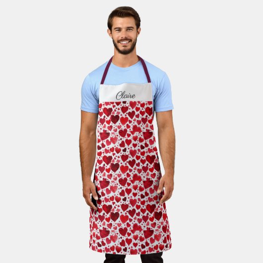 Tablier Red Hearts Valentine Apron. Nom modifiable. (Porté)