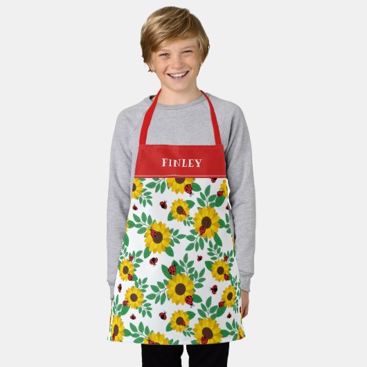 Tablier Red Ladybugs & Sunflower Motif Ajouter un nom (Porté)