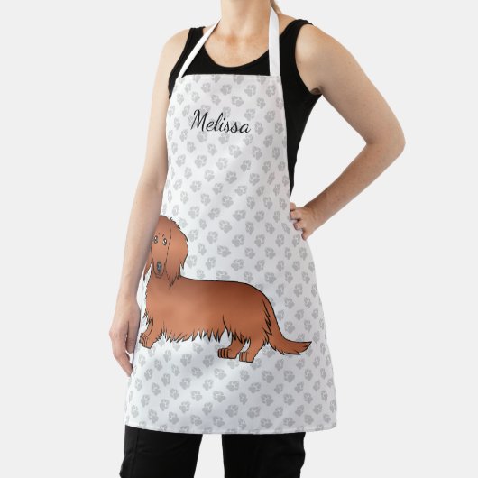 Tablier Red Long Cheveux Dachshund mignon Dessin et nom (Insitu)