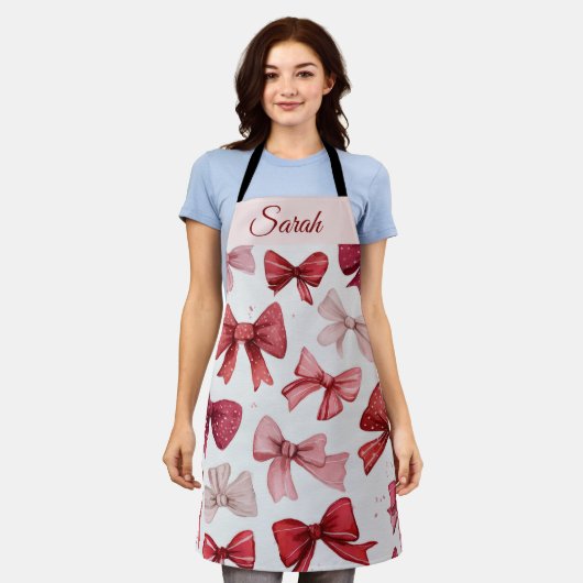 Tablier Red & Pink Bows Personalized Christmas Apron (Porté)