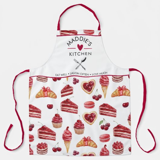 Tablier Red Velvet & Cherry Dessert Pattern Watercolor (Recto)