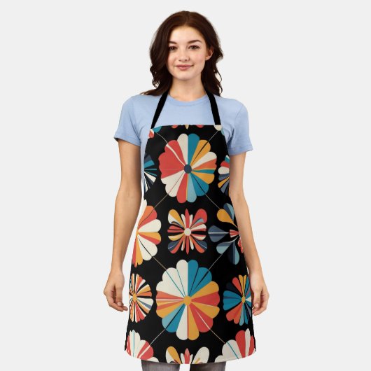 Tablier Retro Black Rainbow geometric Flowers Pattern  (Porté)