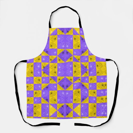 Tablier Rétro Boho Violet & Jaune Damier aux Marguerites (Recto)