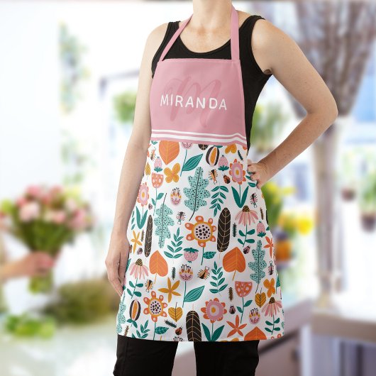 Tablier Retro Bugs & Fleurs Motif Monogramme rose