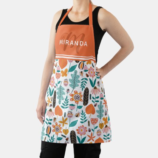 Tablier Retro Bugs & Fleurs Motif Orange Monogramme (Insitu)