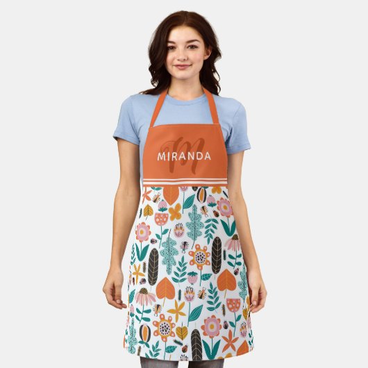 Tablier Retro Bugs & Fleurs Motif Orange Monogramme (Porté)