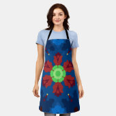 Tablier Retro Mandala bleu rouge et vert (Porté)