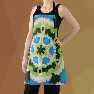Tablier Retro Mandala bleu vert blanc et noir