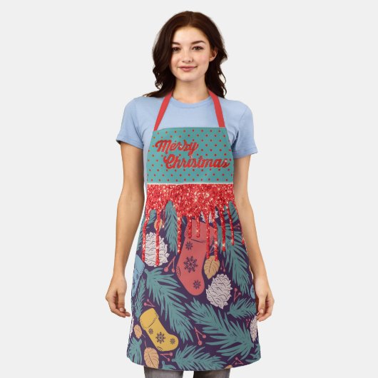 Tablier Retro Noël Imprimer Parties scintillant rouge et o (Porté)