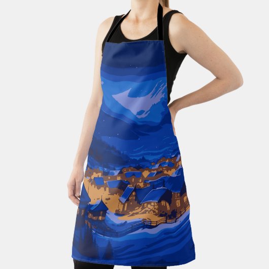 Tablier Retro Village Mountain Blue Gold Paysage (Insitu)