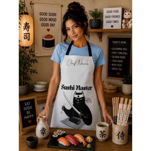 Tablier Riz et brillant, chat sushi