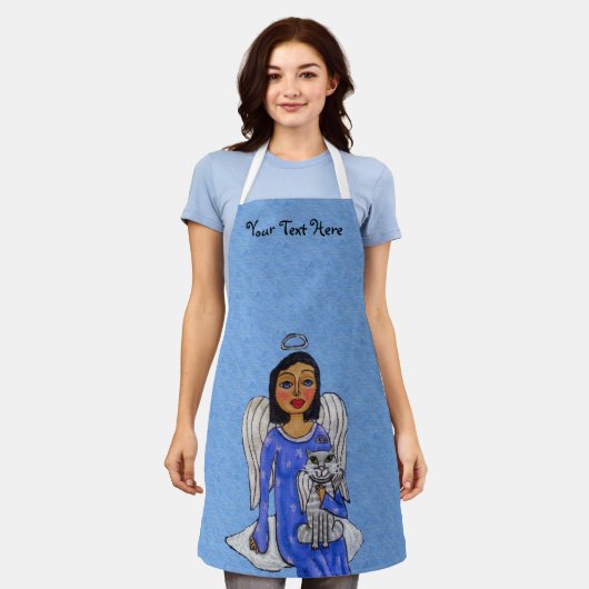 Tablier Robe Bleue Angel tenant Chat Ange sur Nuage (Porté)