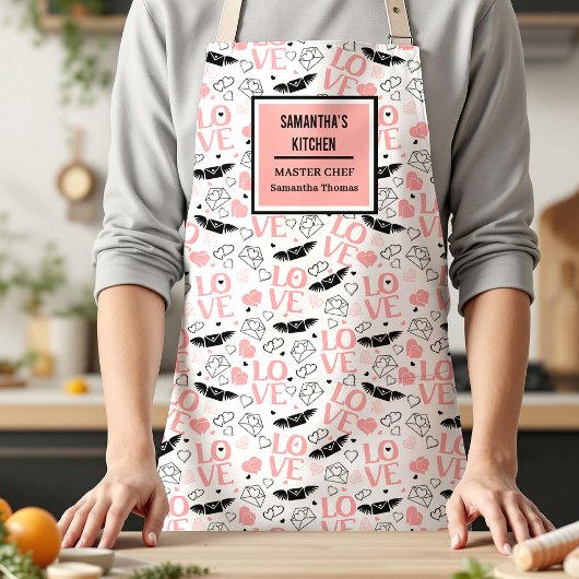Tablier Romantic Love Gift Pink Black Heart Sketch Apron