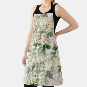 Tablier Romantique Fleurs blanches douces et Feuilles vert