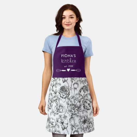 Tablier Rose botanique Noir et violet Personnalisé (Porté)