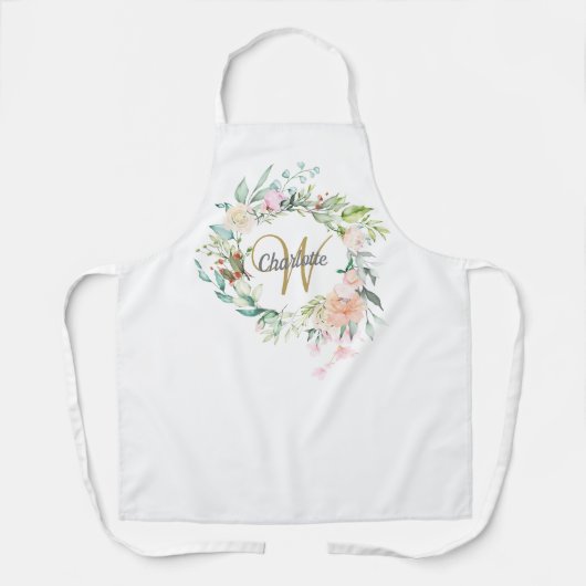 Tablier Rose Floral Monogramme Gold Script (Recto)