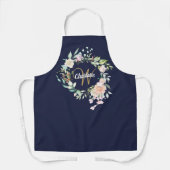 Tablier Rose Floral Monogramme Gold Script Marine Bleu (Recto)