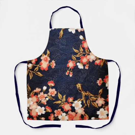TABLIER ROSE ROUGE BLANC FLEURS DE PRINTEMPS PROFOND BLEU  (Recto)