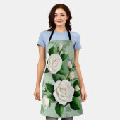 Tablier Roses Blanches Élégantes Sur Vert (Porté)