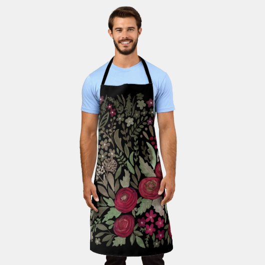 Tablier Roses d'aquarelle sur un arrière - plan noir, aqua (Porté)