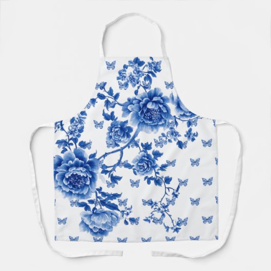 Tablier Roses papillon bleu blanc de style Chinois (Recto)