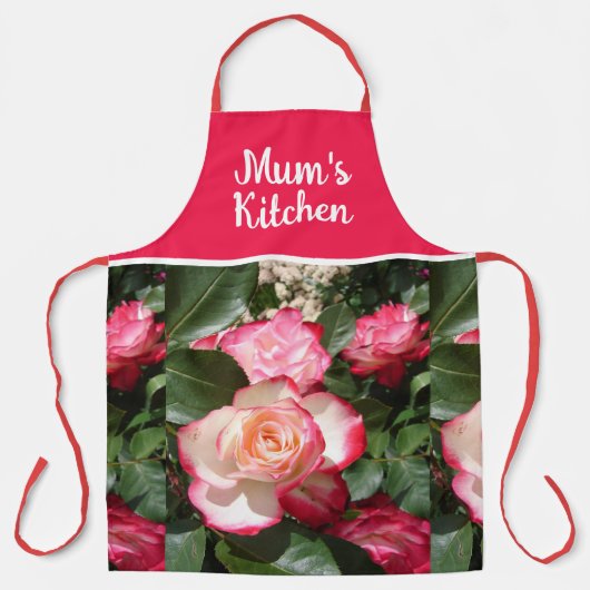 Tablier Rouge Floral et Roses Blanches Rose Mums Cuisine (Recto)