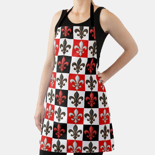 Tablier Rouge Noir Blanc À damiers Fleur de lis Design