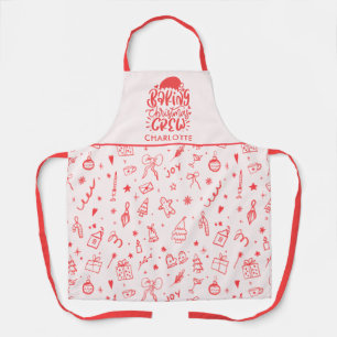 Tablier Rouge rose main tiré Doodle Baking Crew de Noël