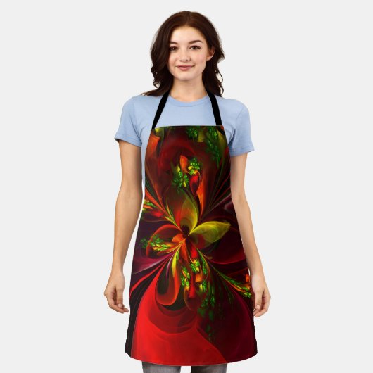 Tablier Rouge vert moderne Floral Abstrait Art Motif #05 (Porté)